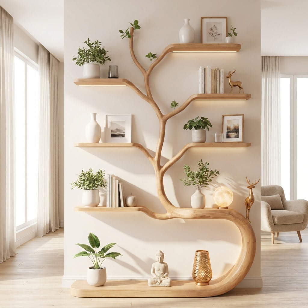 Künstlerisches Baum-Bücherregal aus Massivholz mit Ambientebeleuchtung, das einen zeitgenössischen Wohnbereich aufwertet