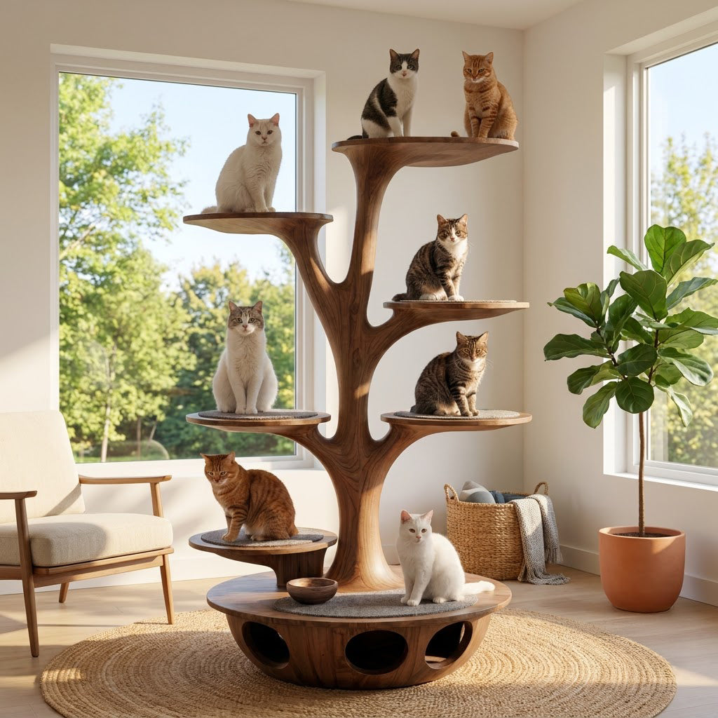 Handgeschnitzter Katzenkletterbaum aus Massivholz