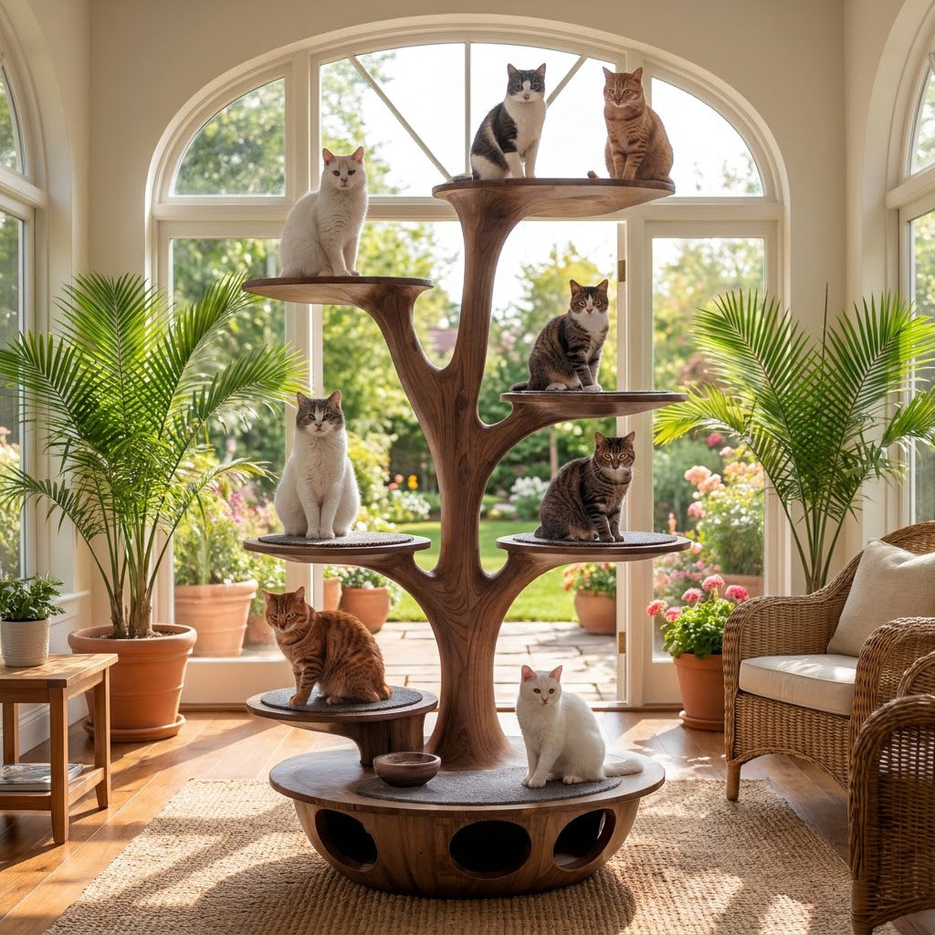 Handgeschnitzter Katzenkletterbaum aus Massivholz, gestylt in einem zeitgenössischen Wohnbereich
