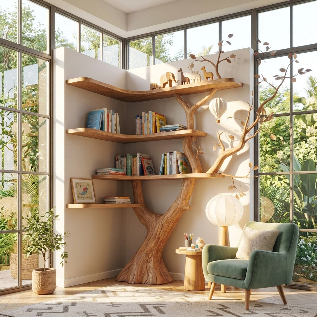 Organisches Eckbücherregal aus Massivholz, präsentiert in einer minimalistischen Leseecke