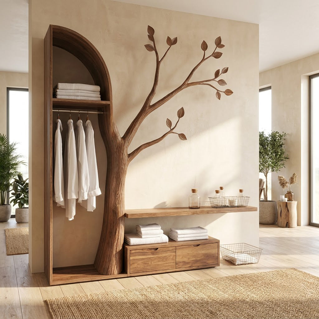 Skulpturaler Kleiderschrank und Stauraumbank aus Massivholz, präsentiert in einem eleganten Wohninterieur