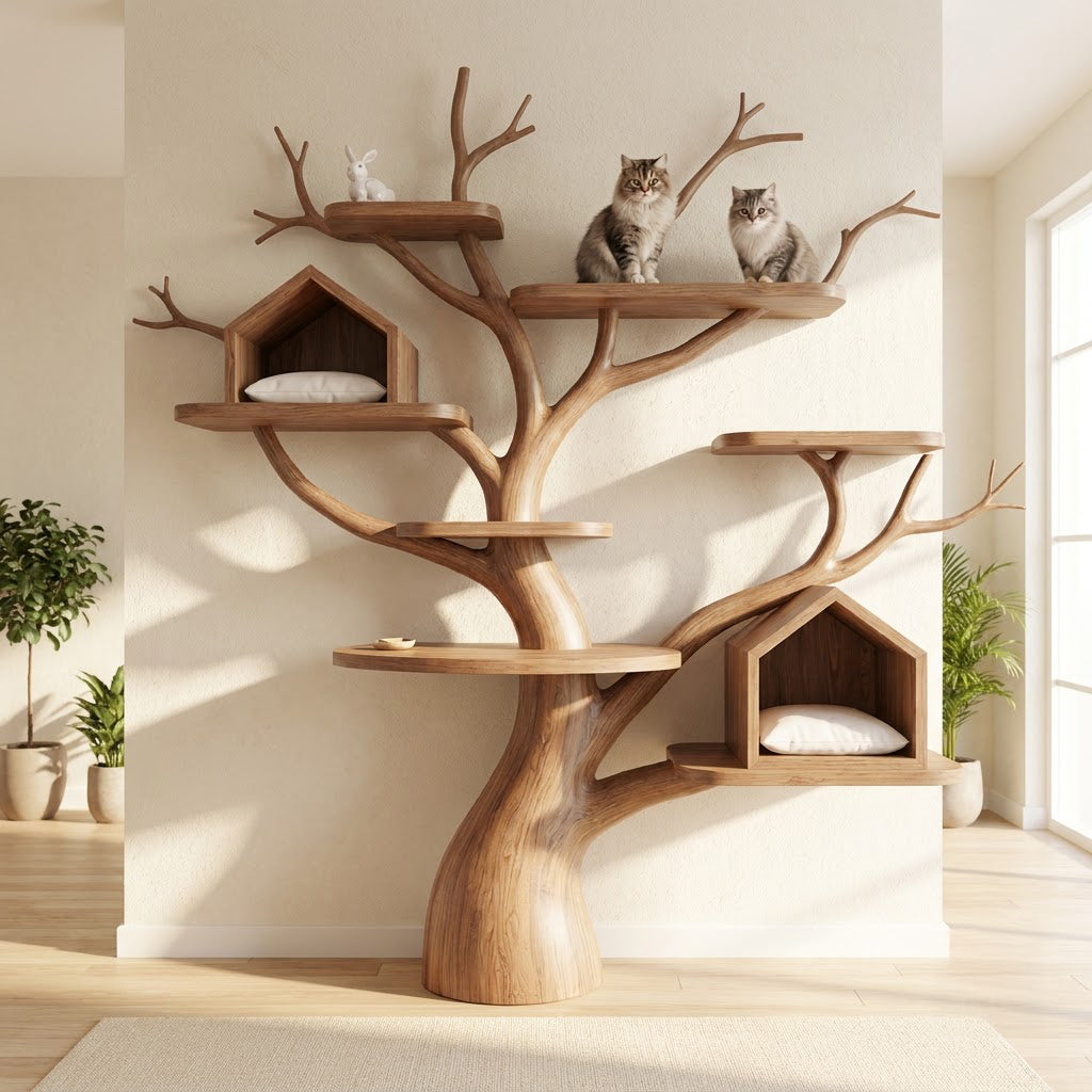 Skulpturaler Katzen-Wandturm aus Massivholz, präsentiert in einem eleganten zeitgenössischen Interieur