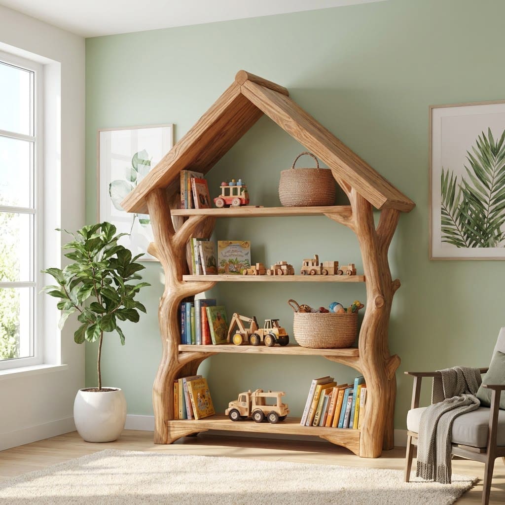 Handgeschnitztes Kinder-Bücherregal und Spielzeug-Aufbewahrungseinheit aus Massivholz für stilvolle Babyzimmerinterieurs