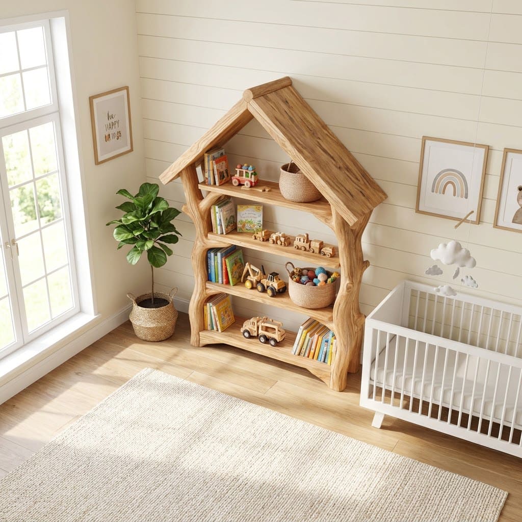 Handgeschnitztes Kinder-Bücherregal aus Massivholz mit baumhausinspiriertem Stauraum für zeitgenössische Babyzimmer