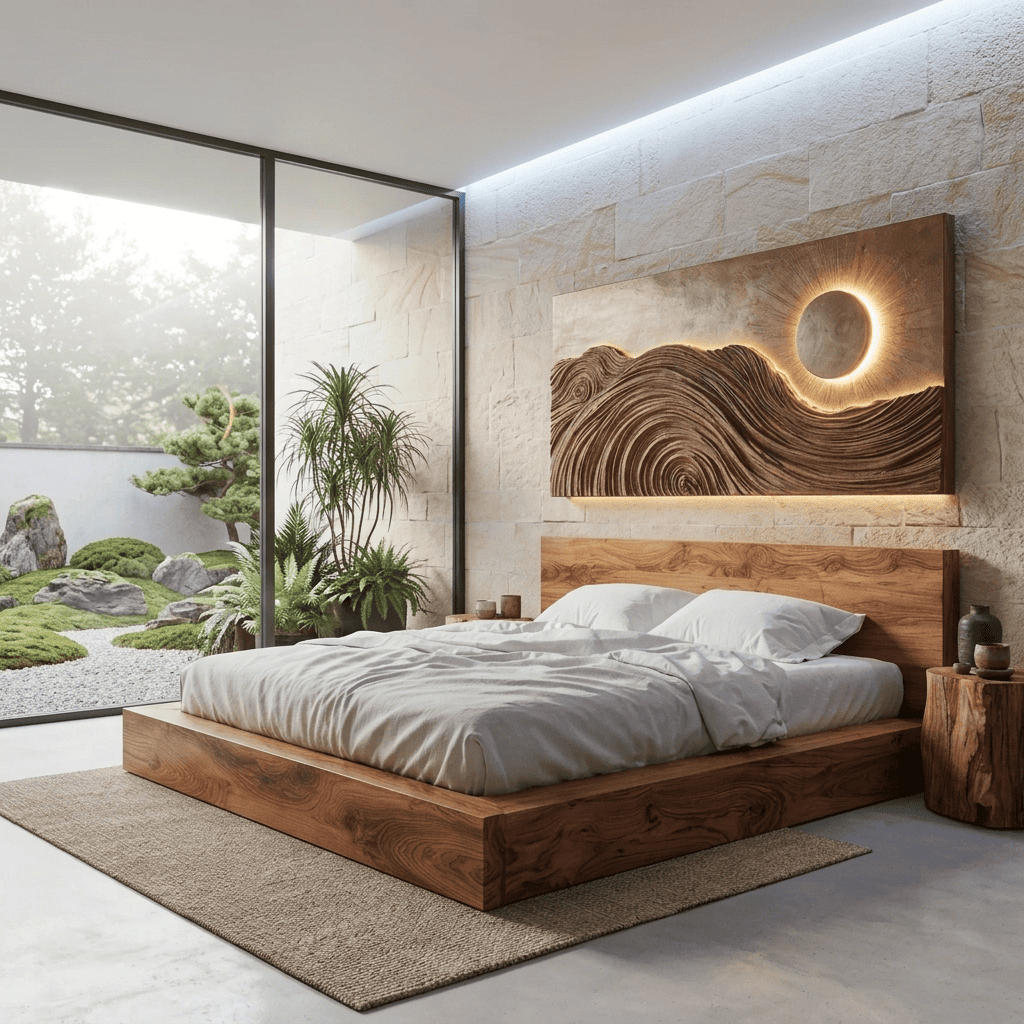 Handgeschnitztes Wellen-Kunstpaneel aus Massivholz mit integrierter LED-Hintergrundbeleuchtung für elegante Wohnbereiche