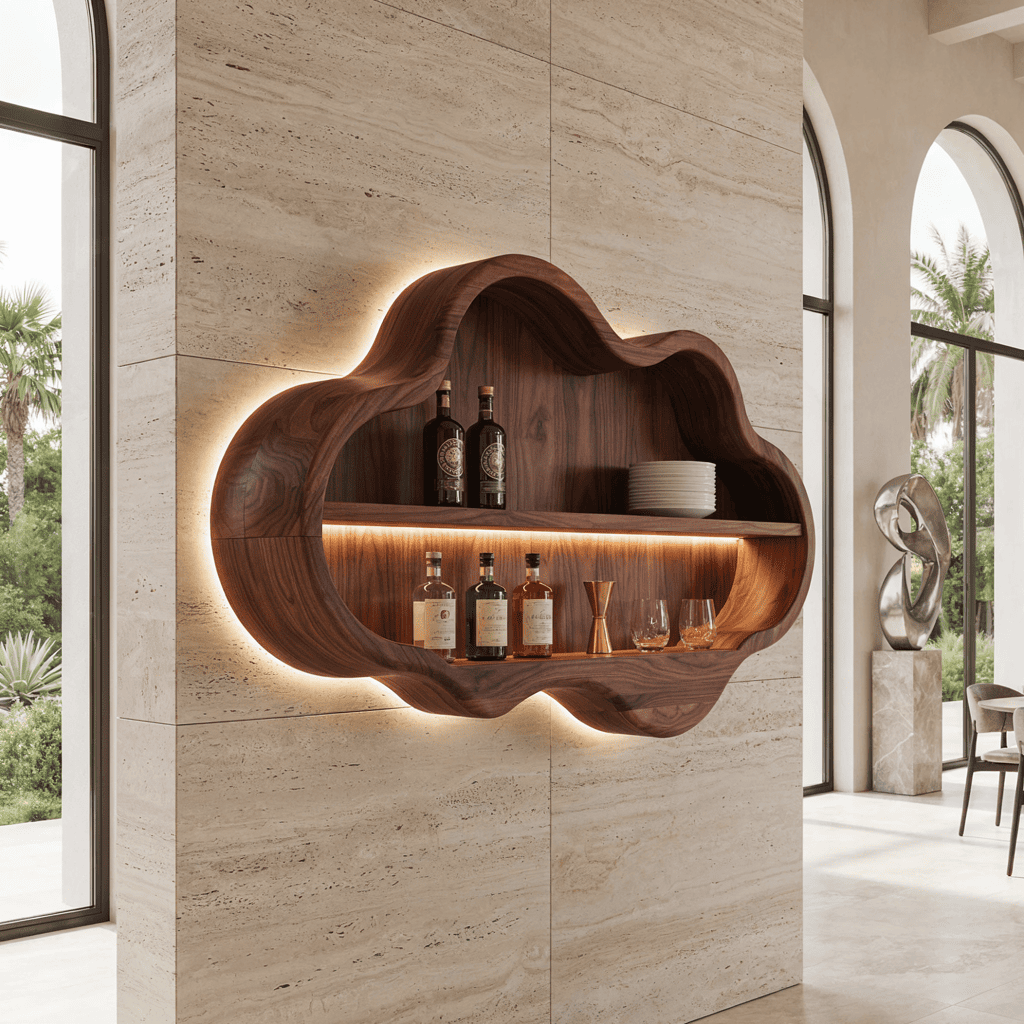 Skulpturaler Wolken-Wandbarschrank aus Massivholz mit handwerklichem Detail