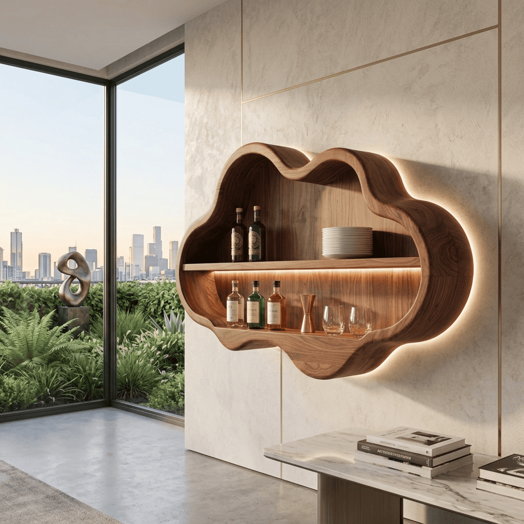 Skulpturaler handgefertigter Wolken-Wandbarschrank aus Massivholz mit hinterleuchteter LED-Beleuchtung für moderne Interieurs