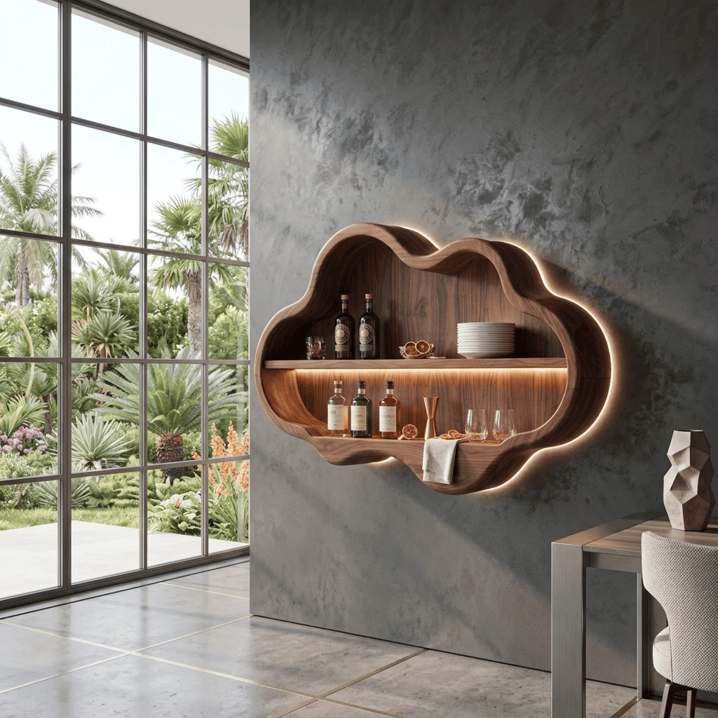 Organischer handgefertigter Wandbarschrank aus Massivholz mit Hintergrundbeleuchtung für elegante moderne Bewirtungsbereiche