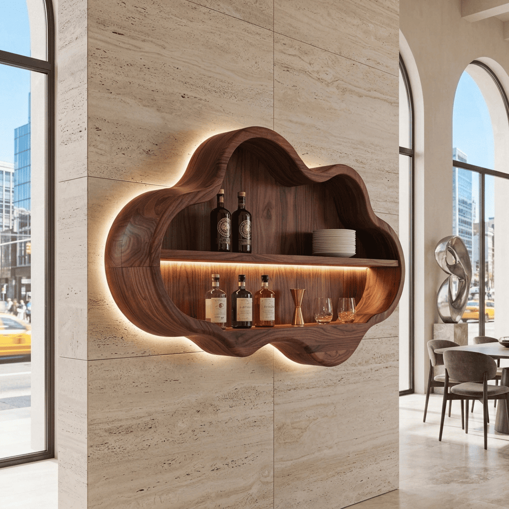 Handgefertigter Wandbarschrank aus Massivholz im Wolkendesign mit LED-Hintergrundbeleuchtung für zeitgenössische Essbereiche