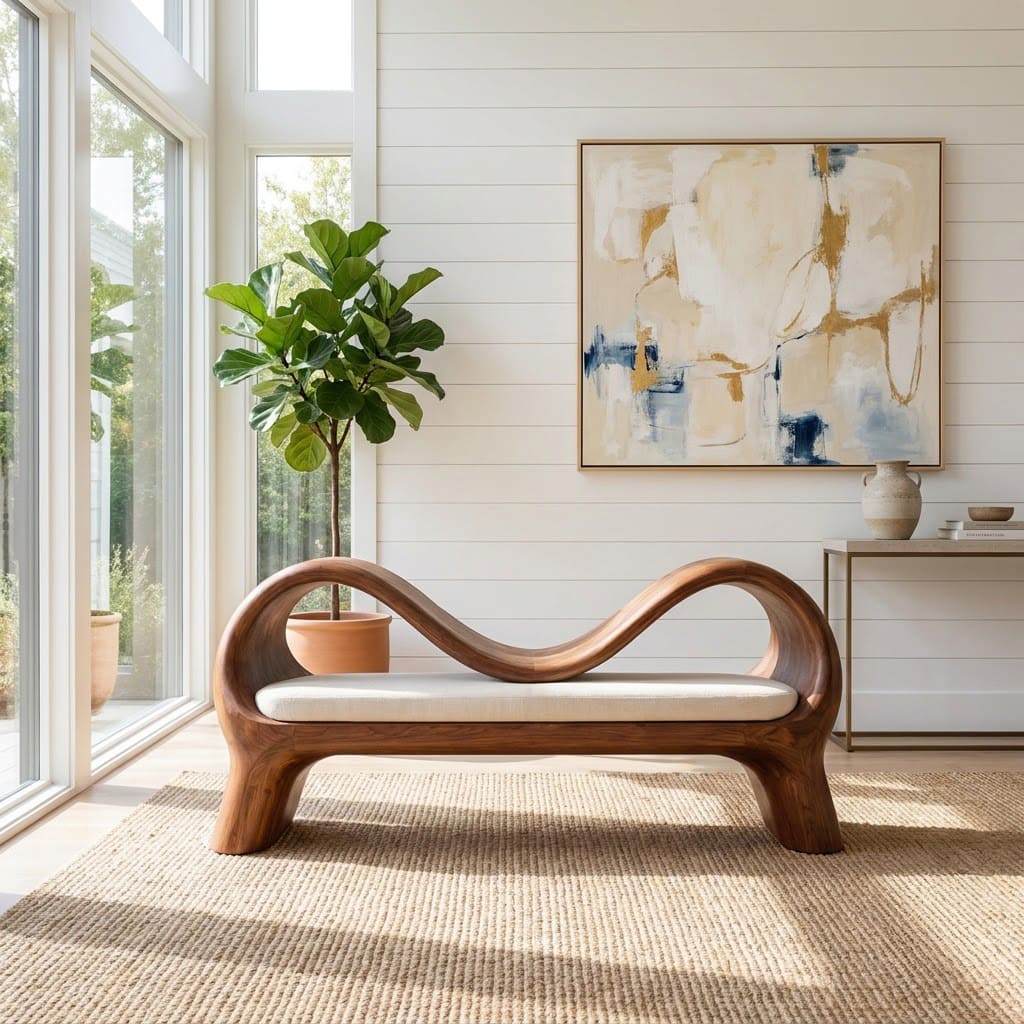 Künstlerische Doppelwellen-Bank aus Massivholz, die einen minimalistischen Eingangsbereich aufwertet