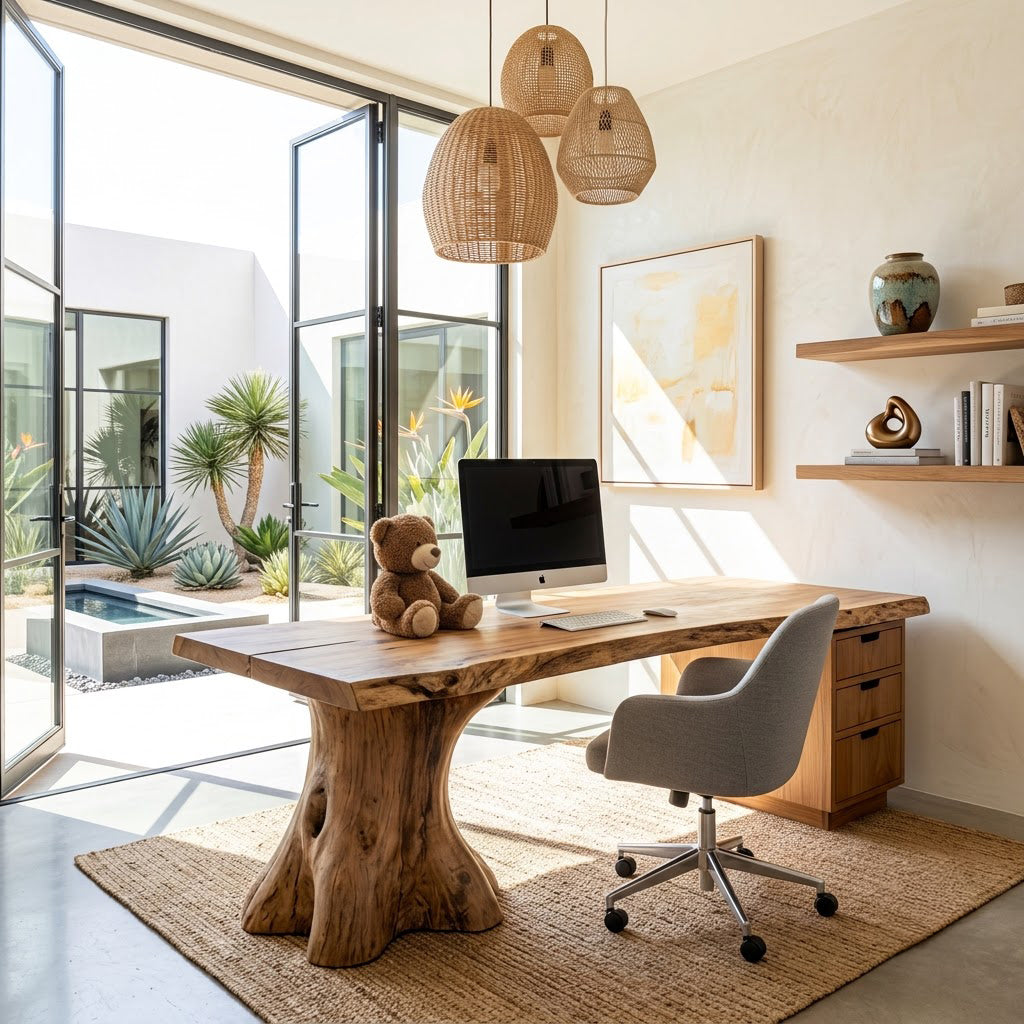 Künstlerischer Chefschreibtisch aus Massivholz, der ein anspruchsvolles Homeoffice aufwertet