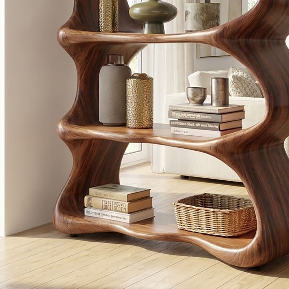 Organisches welliges Schauregal aus Massivholz im handgefertigten skulpturalen Design