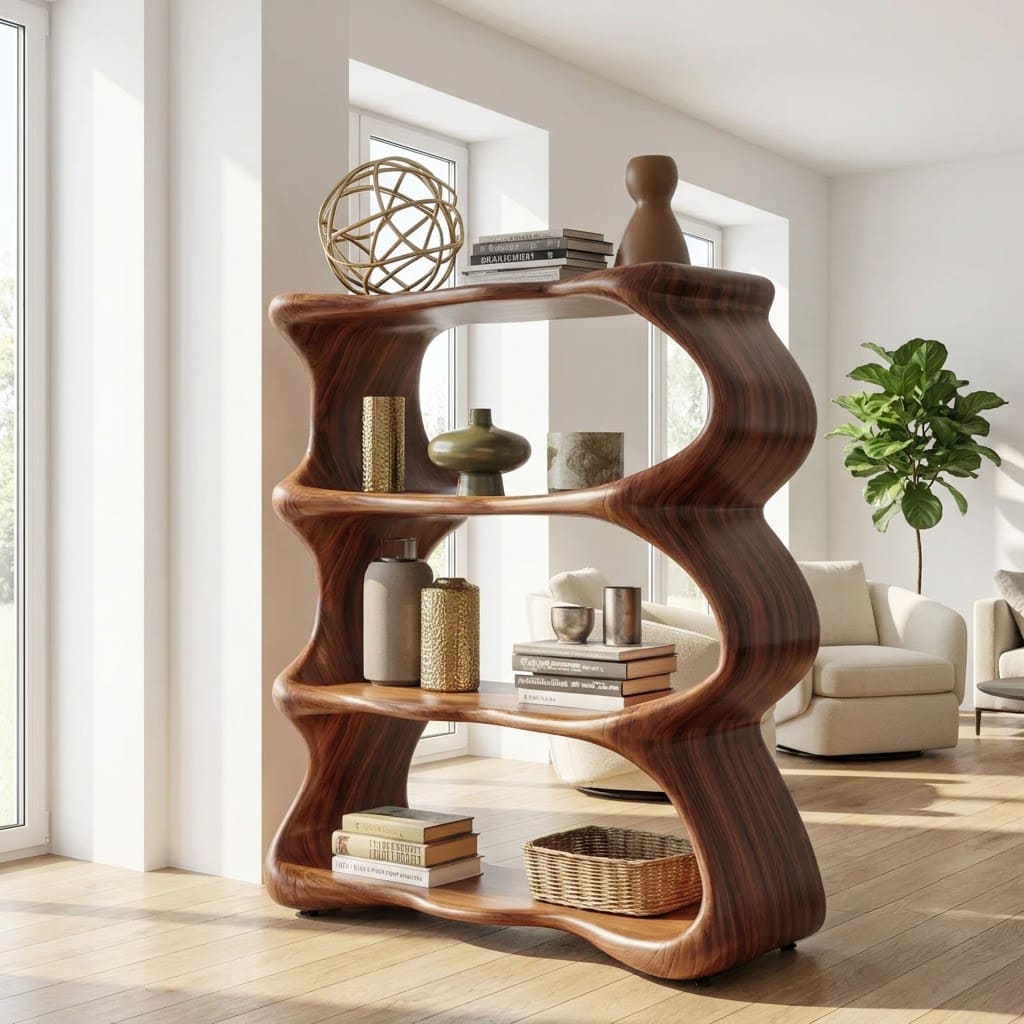 Skulpturales handgefertigtes Schauregal aus Massivholz im organischen welligen Design für moderne Interieurs
