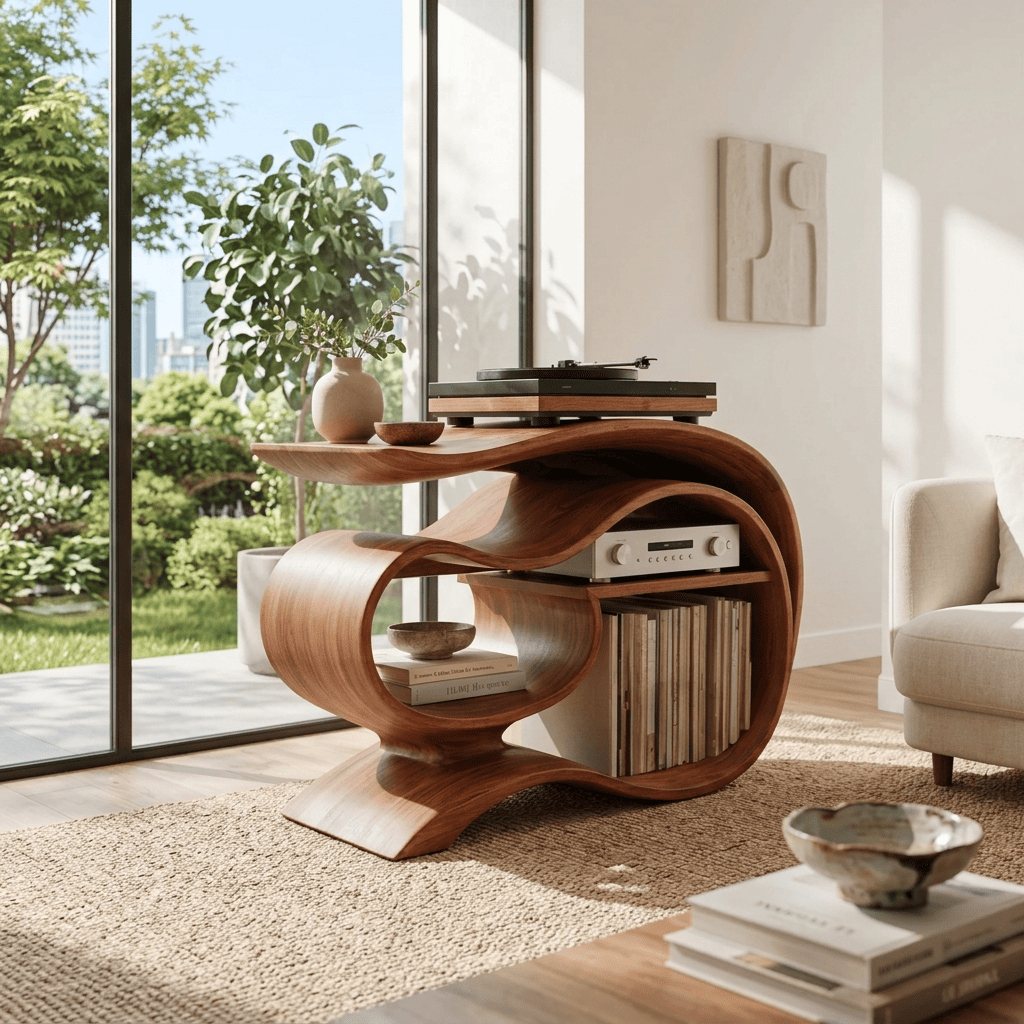 Handgefertigte Vinyl-Medienkonsole aus Massivholz, gestylt in einem modernen Hörraum