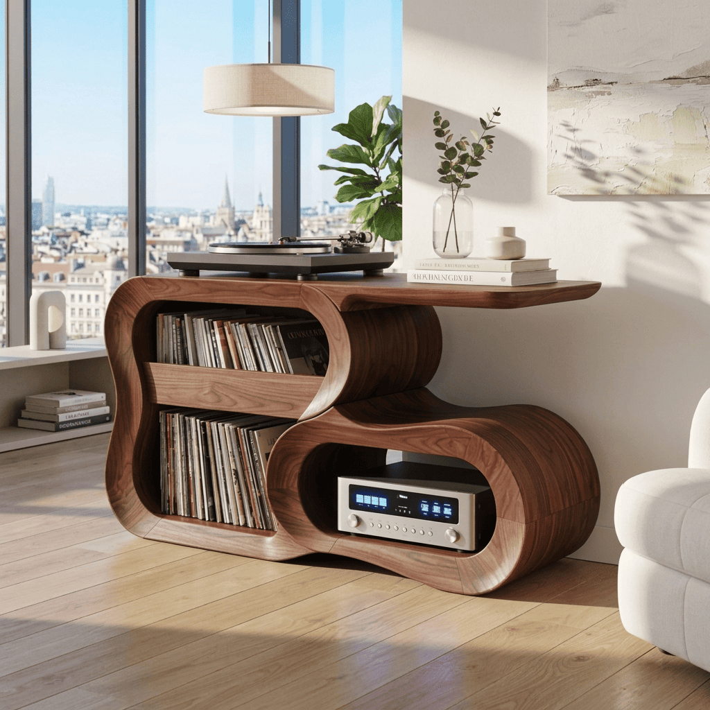 Organische Hi-Fi-Medienkonsole aus Massivholz, präsentiert in einer gemütlichen Musikecke