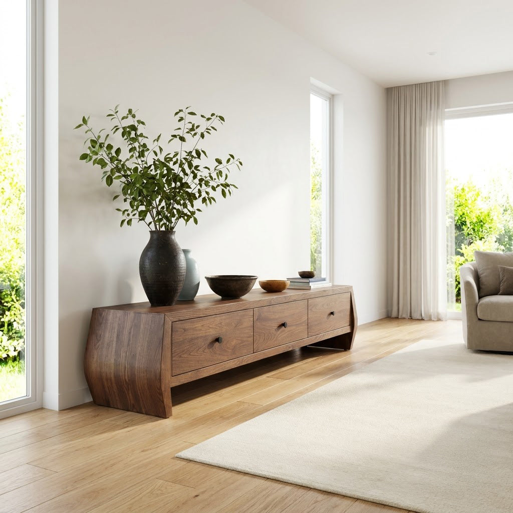 Skulpturales flaches TV-Lowboard aus Massivholz in einem zeitgenössischen Wohnzimmer