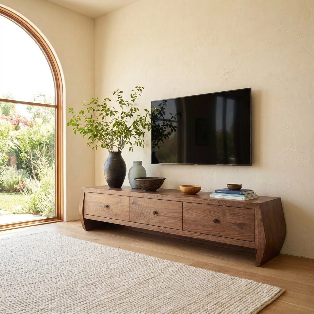 Organisches TV-Lowboard aus Massivholz, gestylt in einem minimalistischen Wohnzimmer