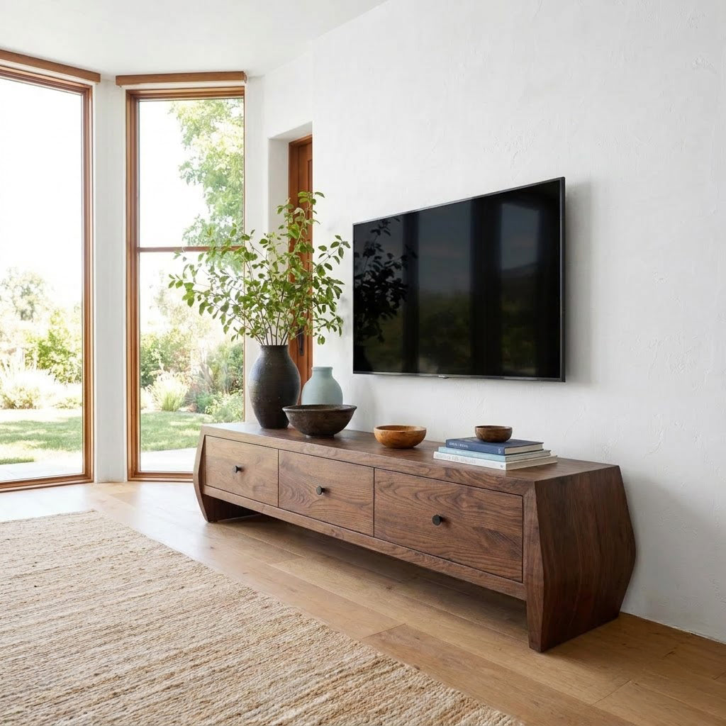 Künstlerische Medienkonsole aus Massivholz mit drei Schubladen, die ein zeitgenössisches Wohninterieur aufwertet