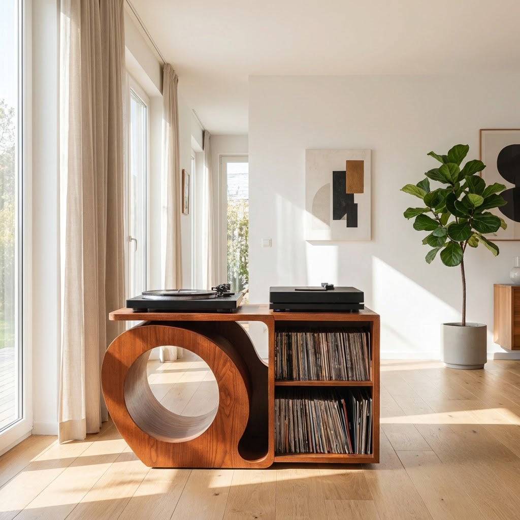 Skulpturaler Vinylschrank aus Massivholz, präsentiert in einem eleganten Wohninterieur