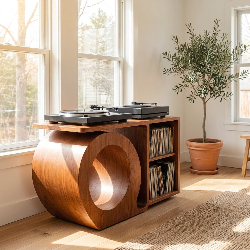 Organische Vinylkonsole aus Massivholz mit kreisförmigem Tunnelfuß in einer gemütlichen Musikecke