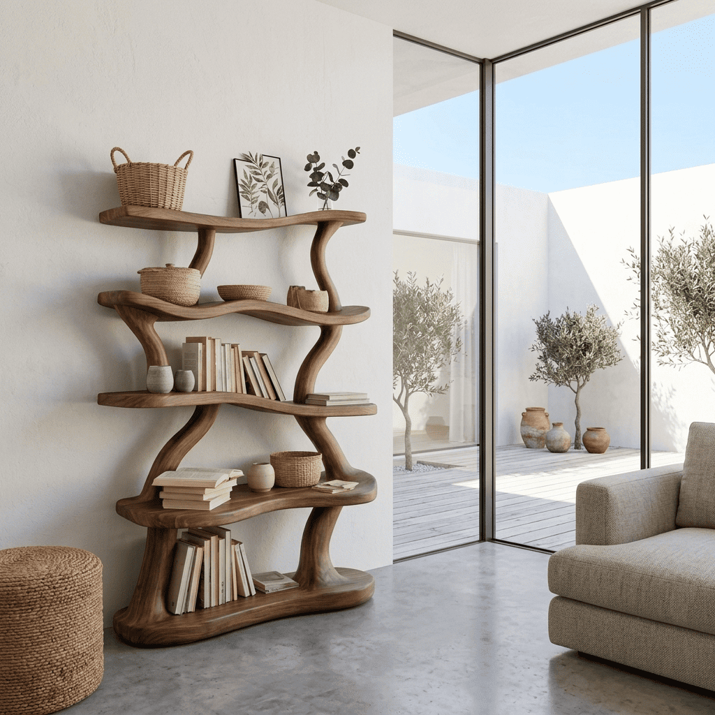 Skulpturales Wellen-Bücherregal aus Massivholz mit integrierter LED-Beleuchtung in einem modernen Wohnzimmer