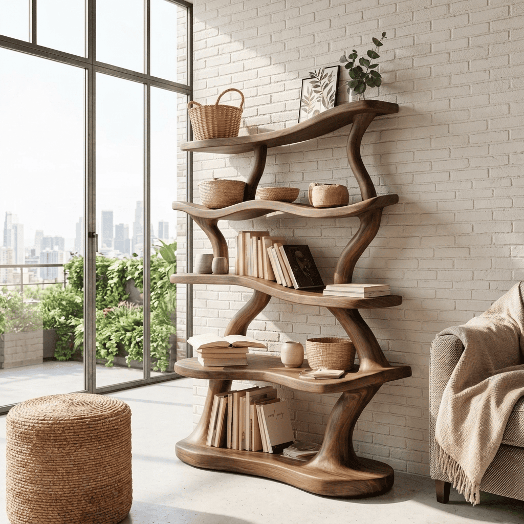 Skulpturales fünfstöckiges Schauregal aus Massivholz, präsentiert in einem eleganten Wohninterieur