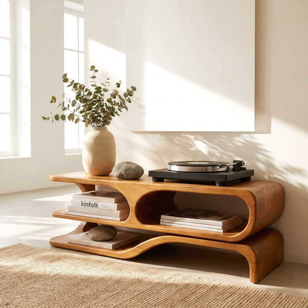 Skulpturaler Plattenspielerständer aus Massivholz, präsentiert in einem eleganten Wohninterieur