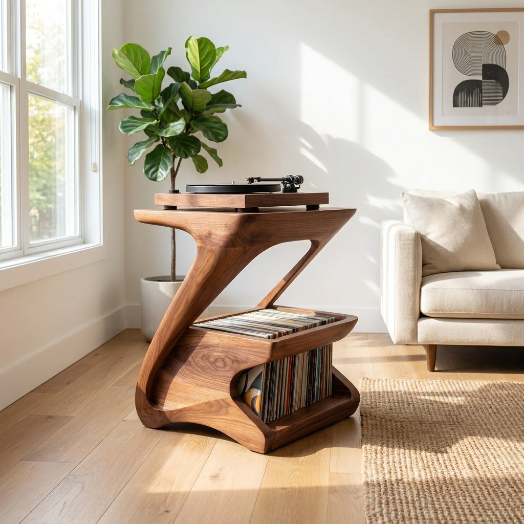 Skulpturaler Z-förmiger Plattenspielerständer aus Massivholz in einem zeitgenössischen Wohnzimmer