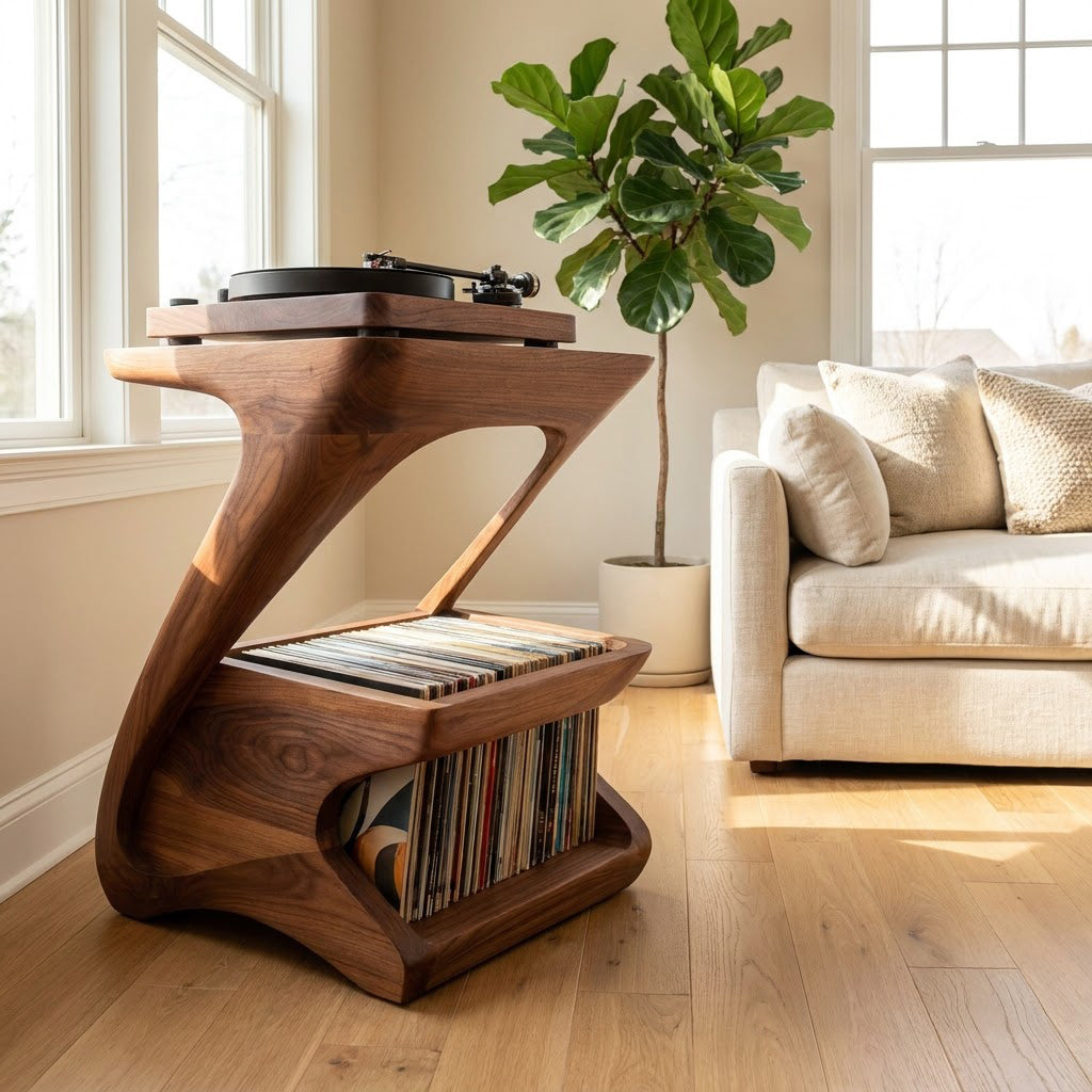 Künstlerisches Z-förmiges Vinyl-Aufbewahrungsregal aus Massivholz, das ein minimalistisches Wohnzimmer aufwertet