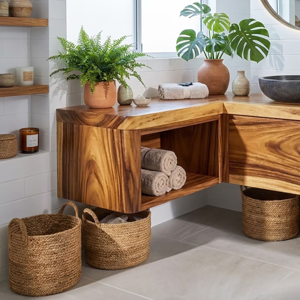 L-förmiger Baumkanten-Waschtisch aus Massivholz im schwebenden Design