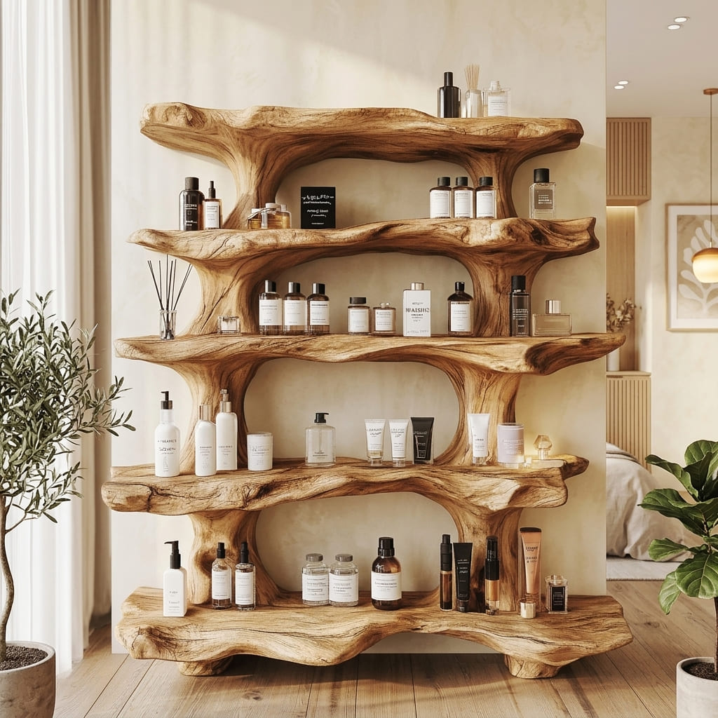 Organischer Holz-Präsentationsständer für Parfüm und Kosmetik in einem Ankleidezimmer