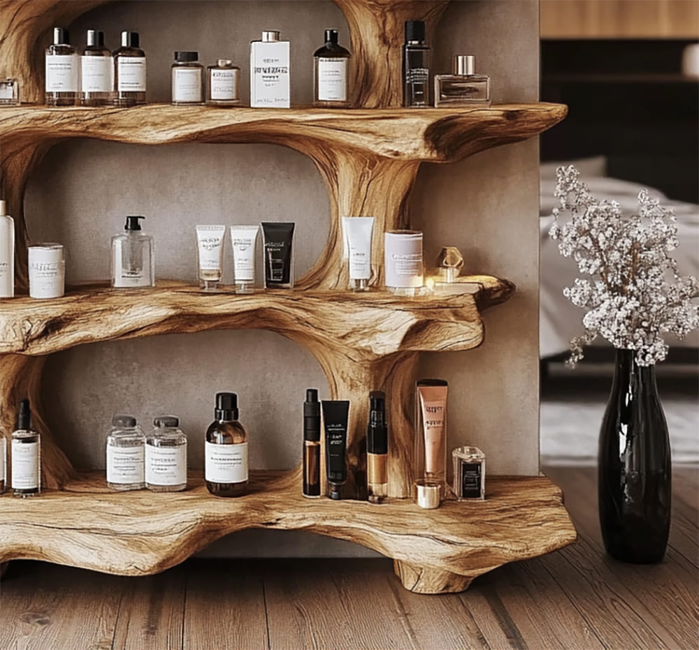 Skulpturaler Parfüm-Organizer aus Holz mit natürlicher Handwerkskunst und funktionalem Beauty-Stauraum