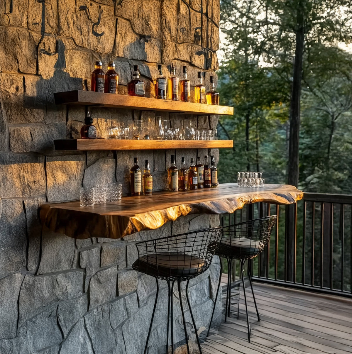 Skulpturale Baumkanten-Outdoor-Bar aus Massivholz im Whisky-Stations-Design