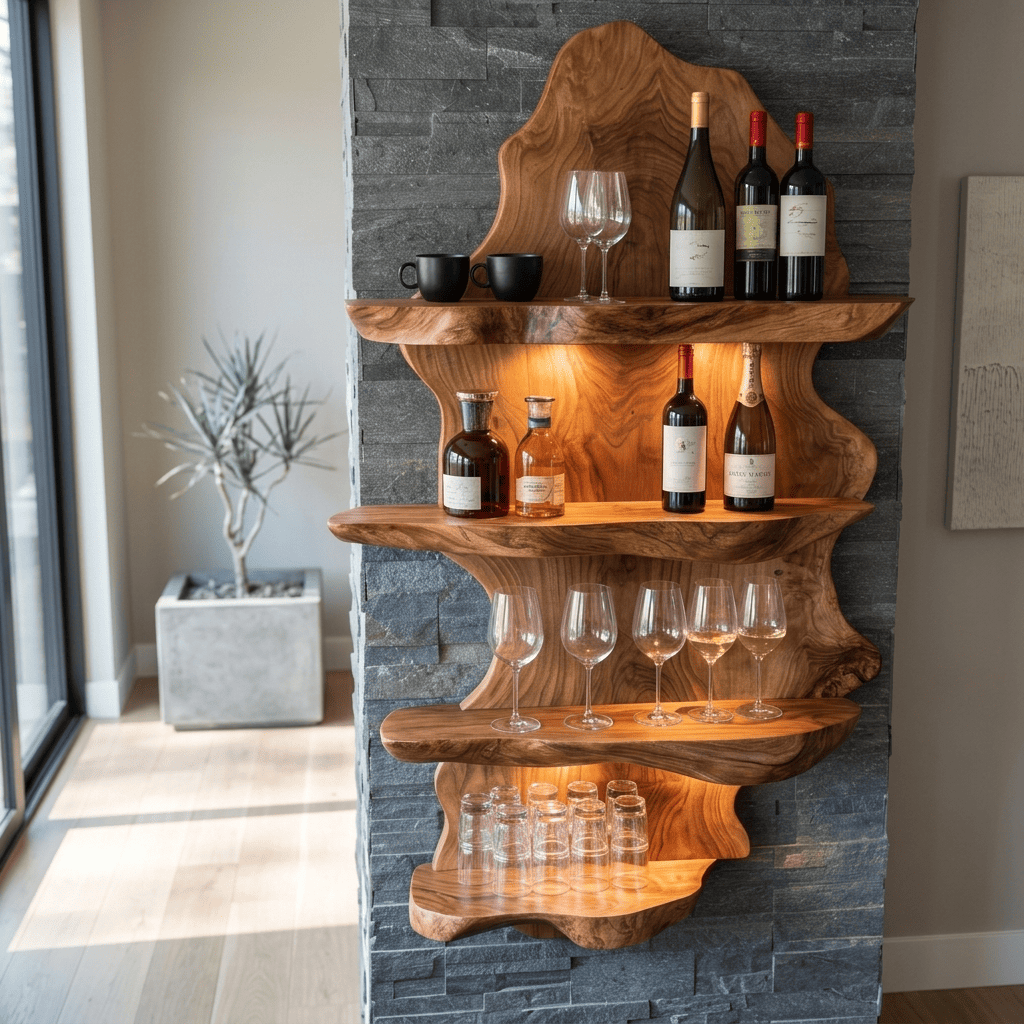 Baumkanten-Wandweinregal aus Massivholz mit integriertem Gläserregal und LED-Beleuchtung für zeitgenössische Interieurs