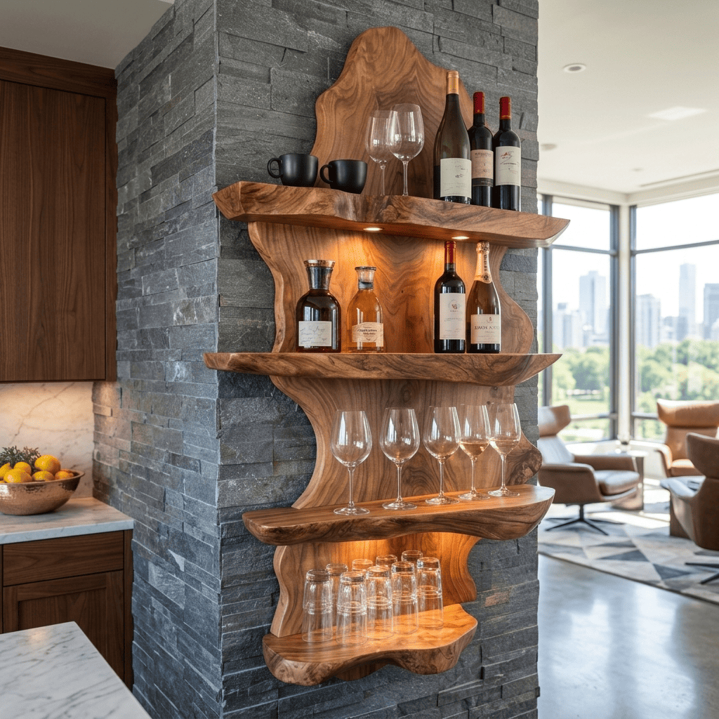 Skulpturales Weinregal aus Massivholz mit Baumkanten-Detail und Gläserstauraum für stilvolle Hausbar-Bereiche