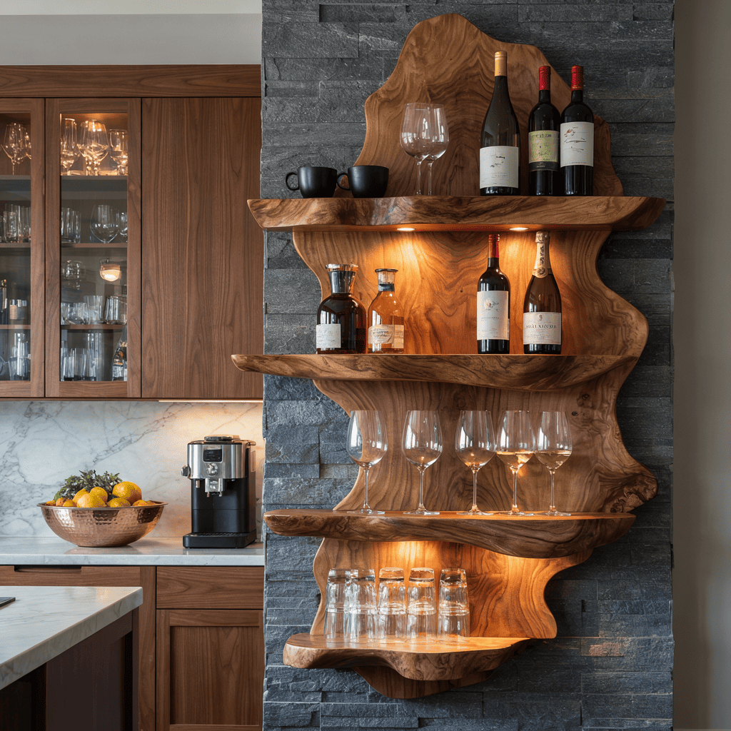 Weinregal aus Massivholz im Baumkanten-Design mit Gläserregal und integrierter LED-Beleuchtung für elegante Essbereiche