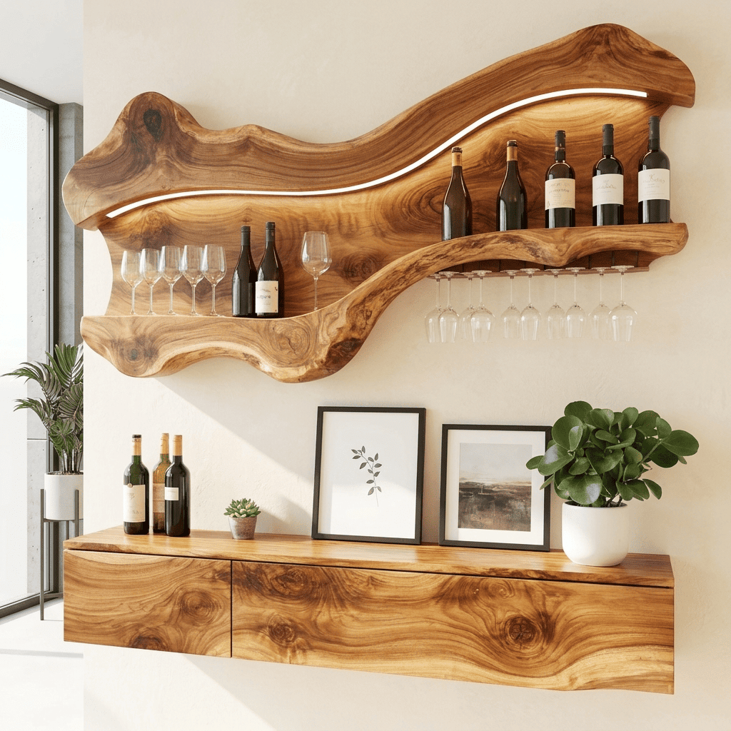 Skulpturales Baumkanten-Wandweinregal mit LED und Glashalter aus Massivholz