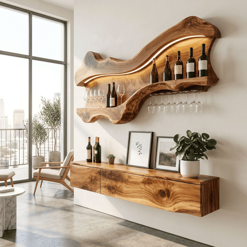 Zeitgenössisches wandmontiertes Weinregal aus Naturholz mit Glashalter für eine gemütliche Hausbar-Nische