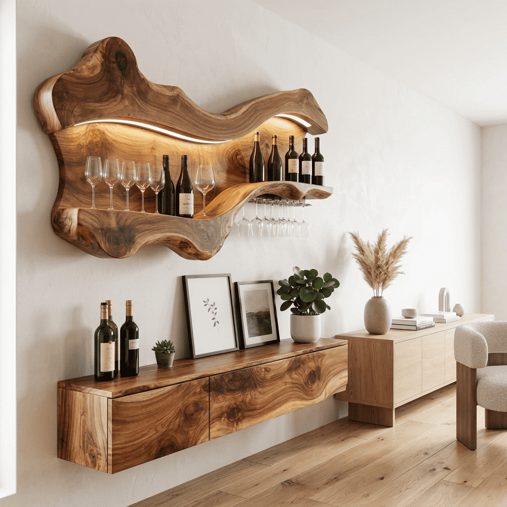 Organisches Baumkanten-Wein- und Gläserregal aus Massivholz, das einen stimmungsvollen Wohnzimmer-Bewirtungsbereich aufwertet