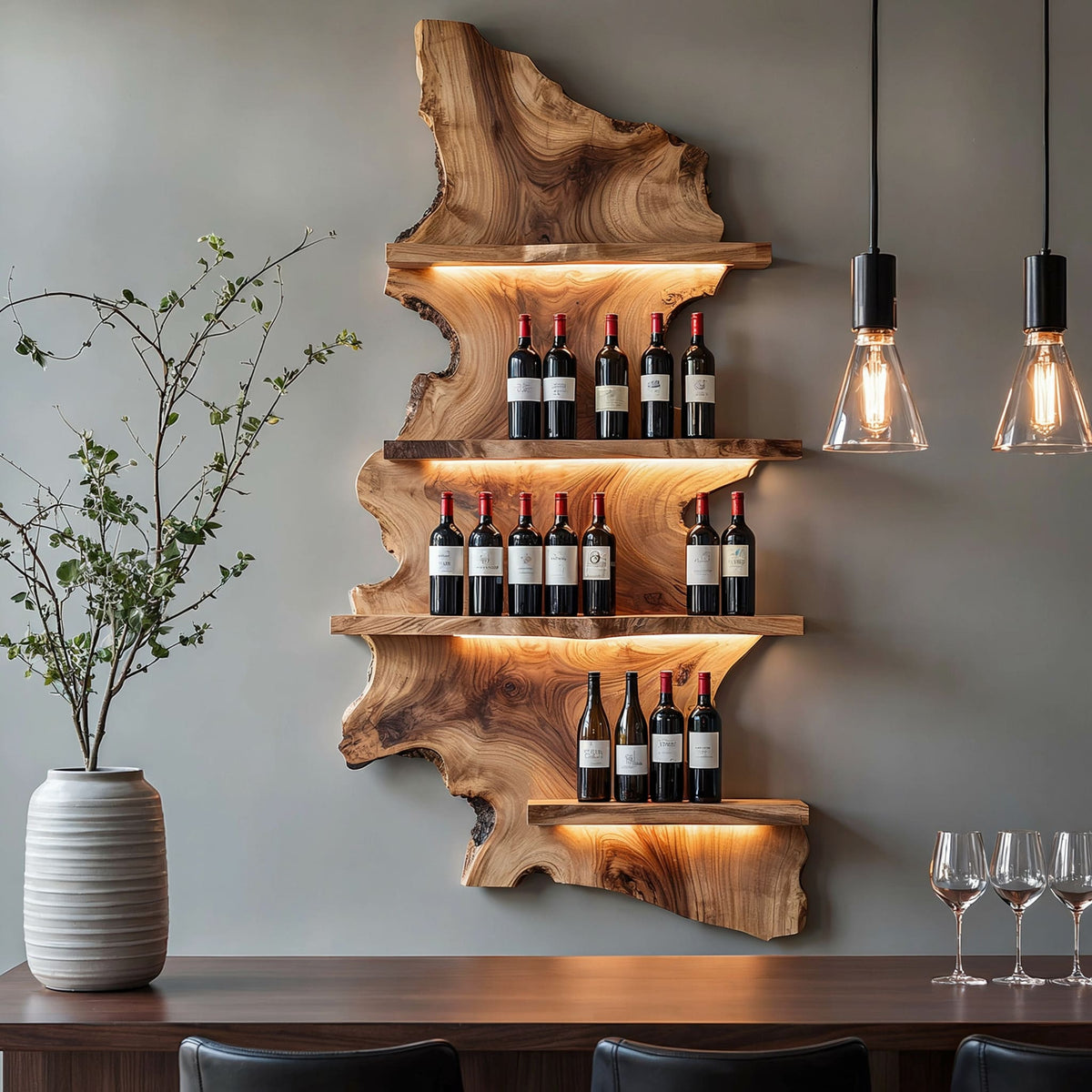 Baumkanten-Weinregal aus Holz mit Flaschen in einer zeitgenössischen Hausbar