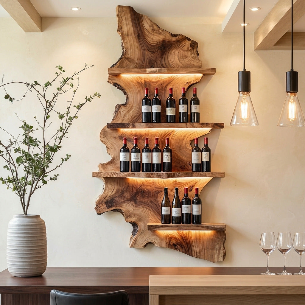 Skulpturales Baumkanten-Wein-Schauregal aus Massivholz