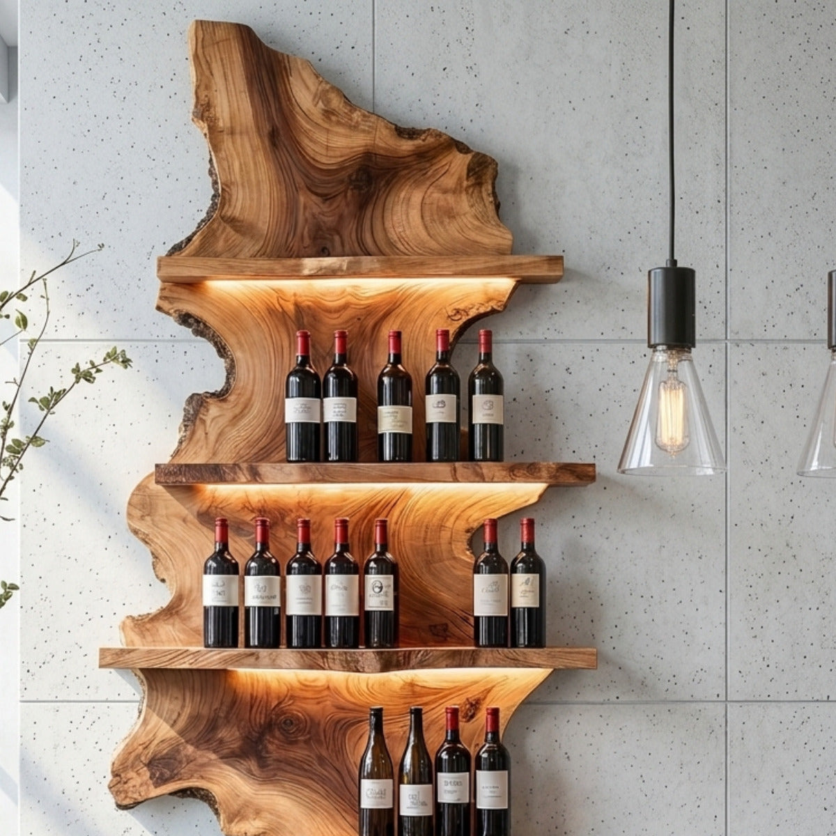 Modernes Weinregal aus Massivholz mit Baumkante