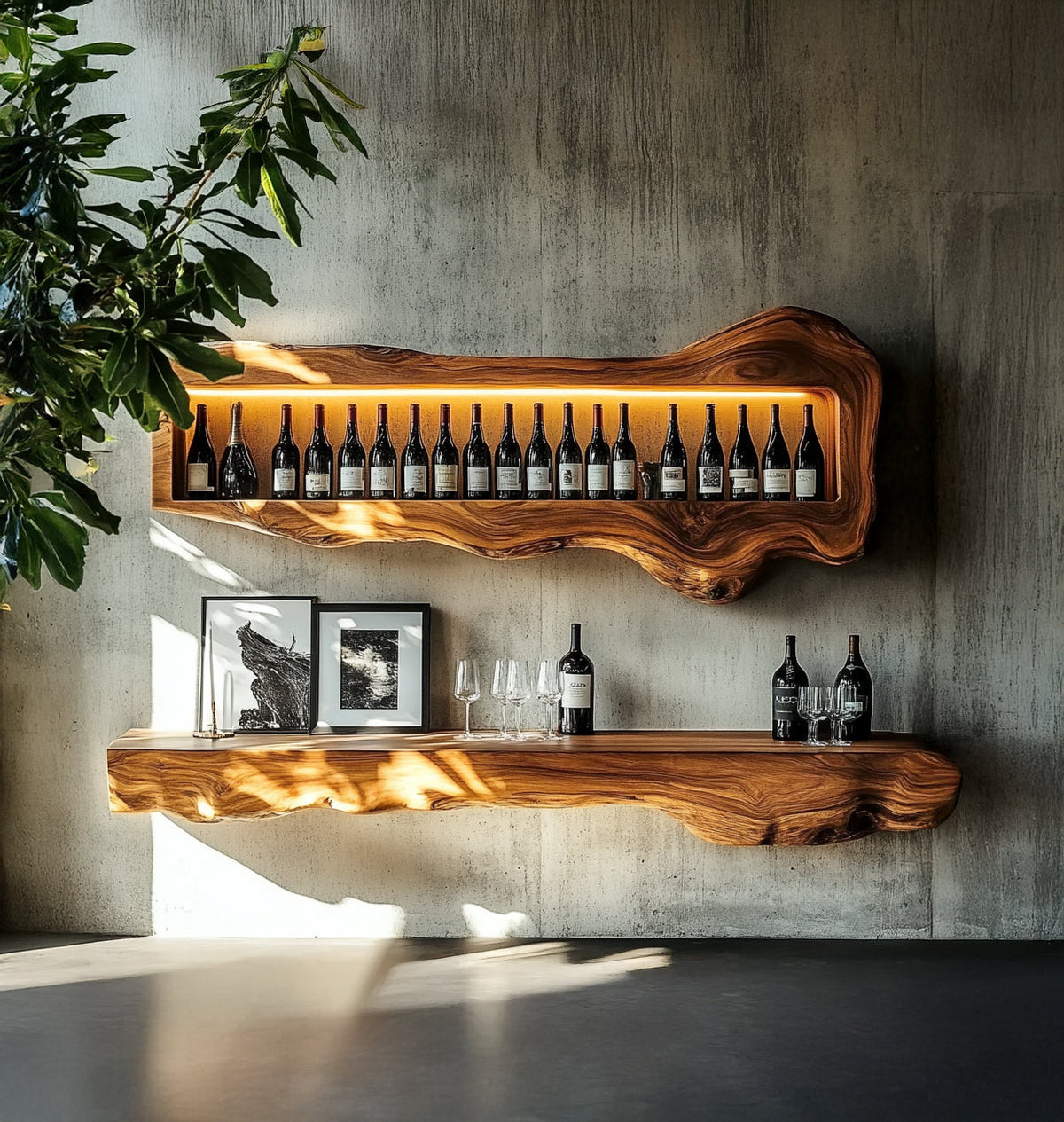 Skulpturales Baumkanten-Weinregal mit LED-Beleuchtung