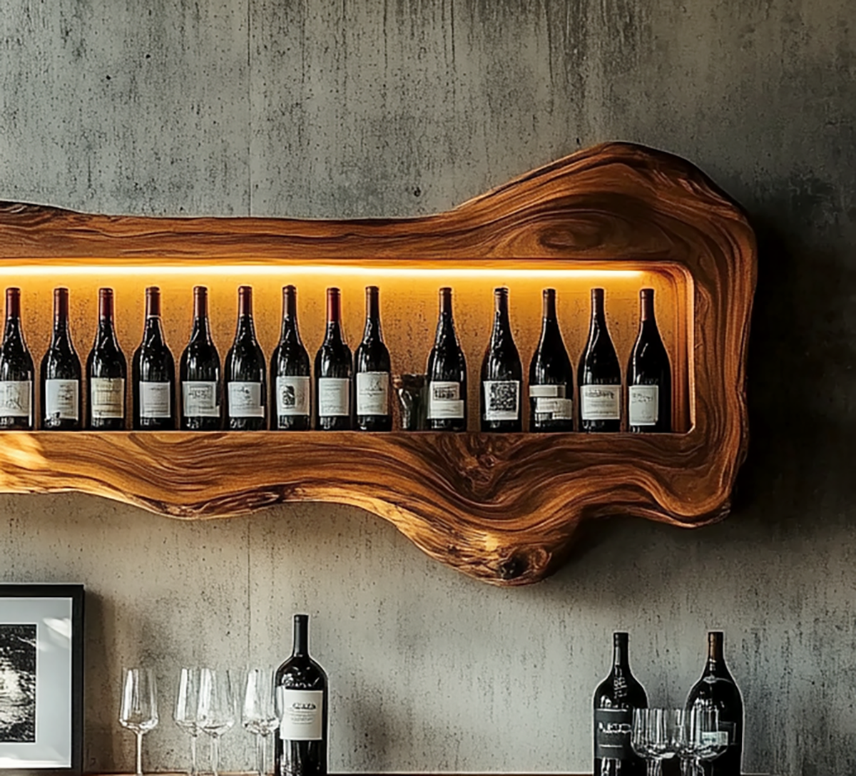 Wein-Schauregal aus Massivholz im natürlichen Baumkanten-Design