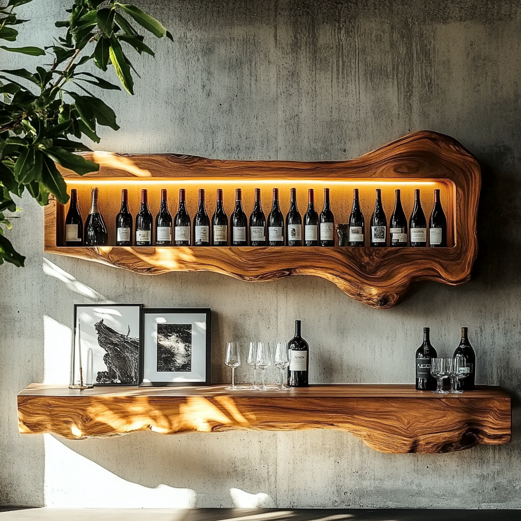 Modernes Weinregal mit skulpturaler Holzsilhouette