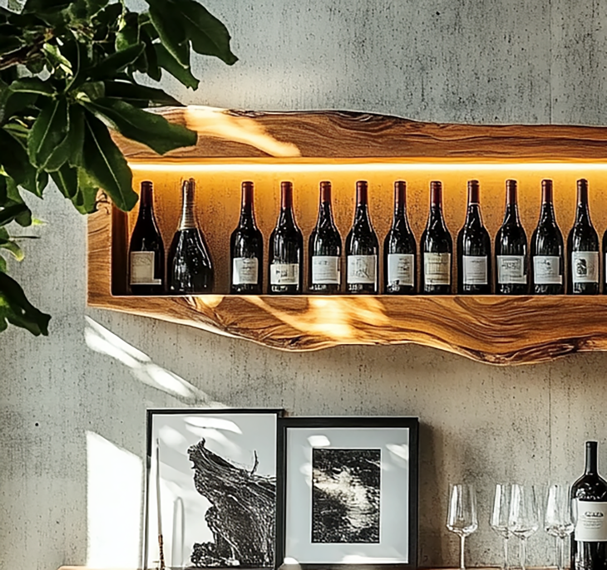 Holz-Weinregal mit eingebauter LED-Beleuchtung