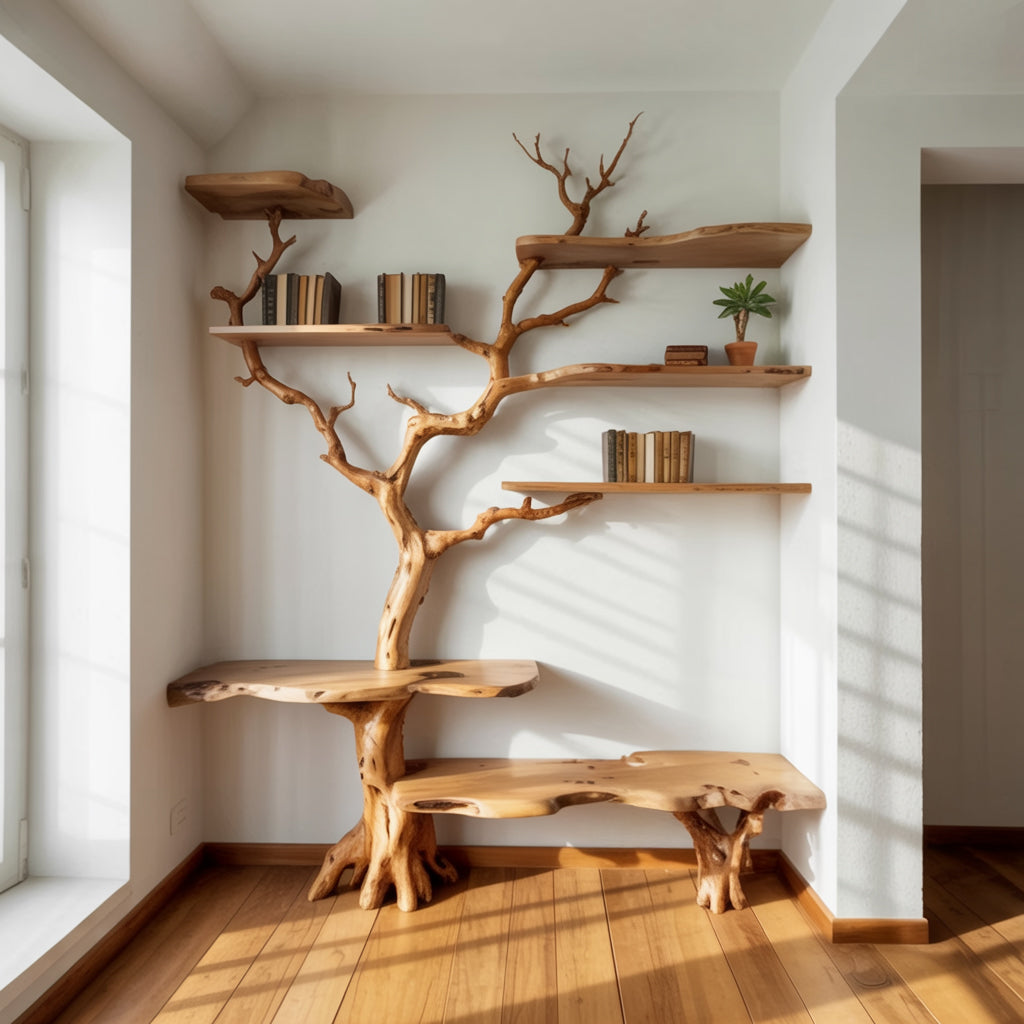 Baum-Bücherregal aus Massivholz mit breiten unteren Bänken auf einem Holzboden