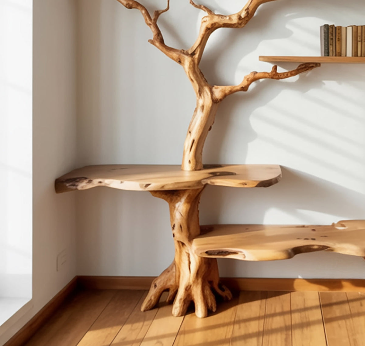 Schwebendes Baum-Bücherregal mit Vintage-Büchern und einer kleinen Topfpflanze