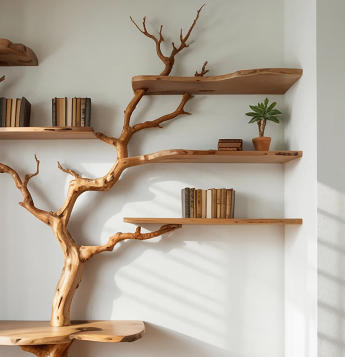 Künstlerisches Baum-Bücherregal zur Präsentation von Büchern und Deko