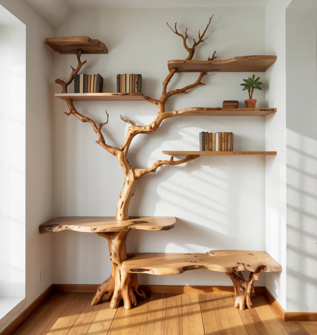 Skulpturales Baumkanten-Astbücherregal aus Massivholz